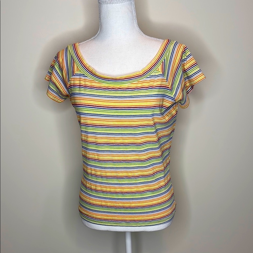 Liz Claiborne Orange and Blue Flutter Sleeve Fitted Tee. Large. Vintage